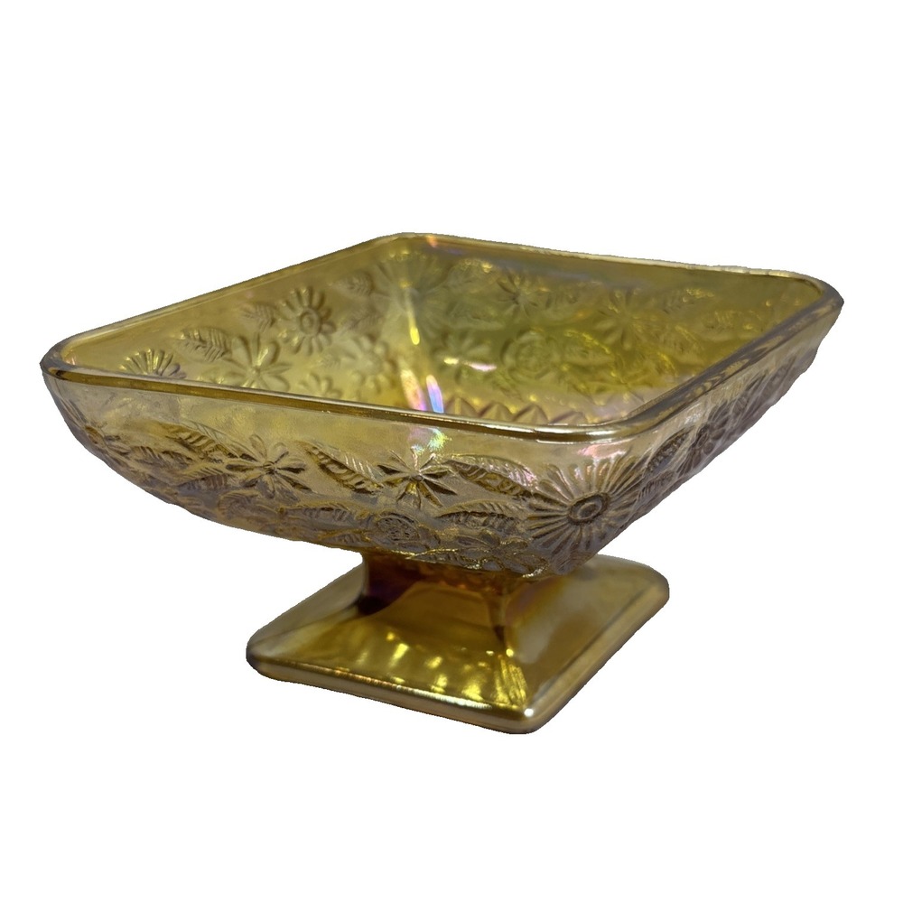 Vintage Indiana Carnival Glass Diamond Shape Amber Pedestal Dish Bowl Flowers